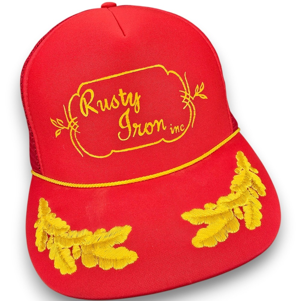 Otto Rusty Iron Inc Trucker Hat Mens Red Yellow Mesh Snapback Foam Baseball Cap